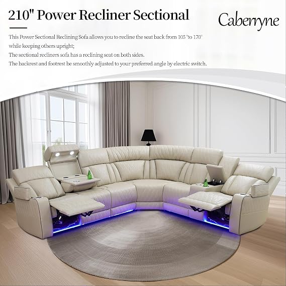 Power Recliner Sectional Sofa for Living Room,Leather Reclining Corner Sectional Couch Set with Double Recliner Seats,Cup Holder,Storage Console for Home Theater Seating,Beige