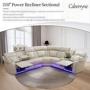 Power Recliner Sectional Sofa for Living Room,Leather Reclining Corner Sectional Couch Set with Double Recliner Seats,Cup Holder,Storage Console for Home Theater Seating,Beige
