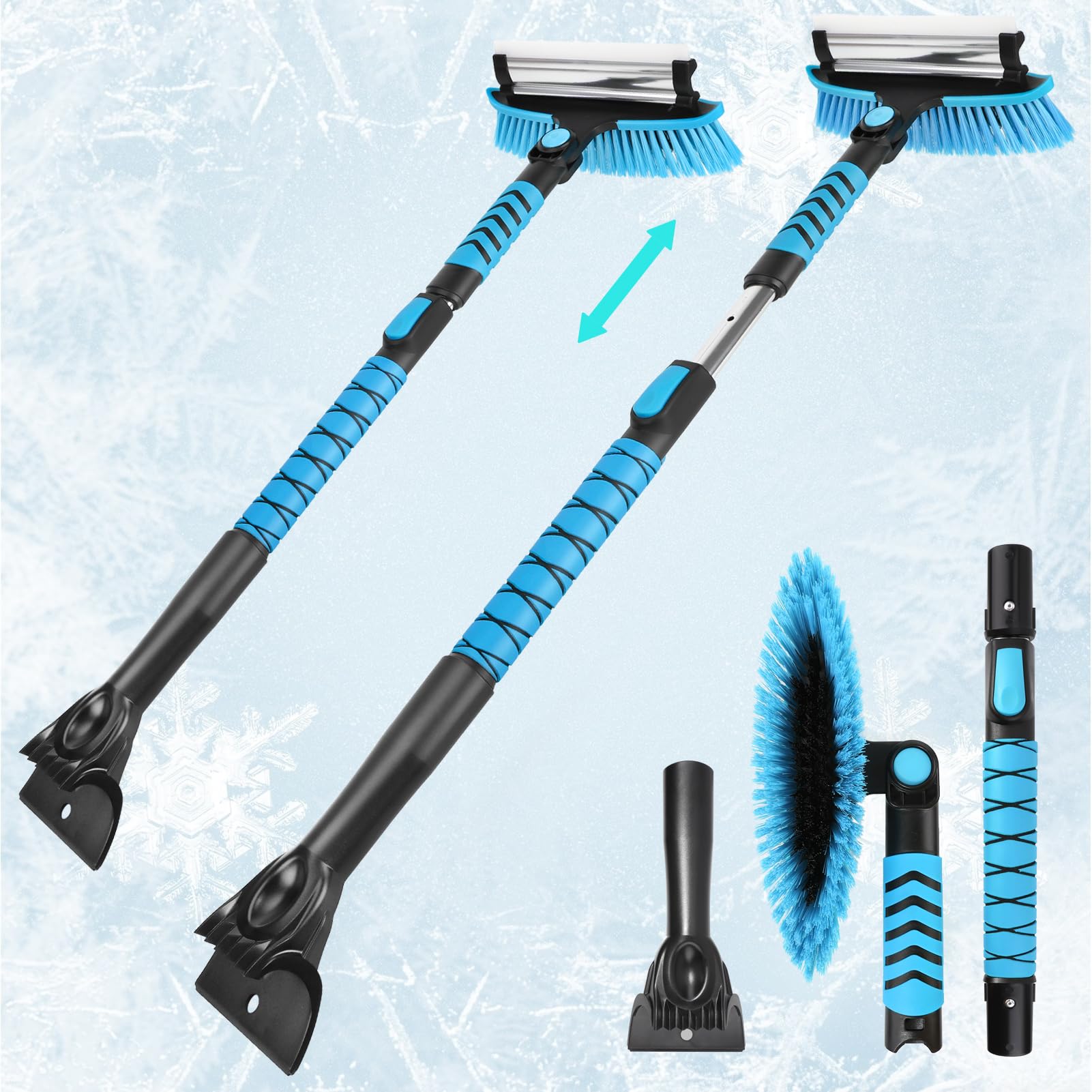 Rascador de hielo para parabrisas de coche, cepillo para nieve de 43 pulgadas, rascador de nieve desmontable 3 en 1 con escobilla de goma, cabezal de cepillo giratorio de 180°, agarre de
