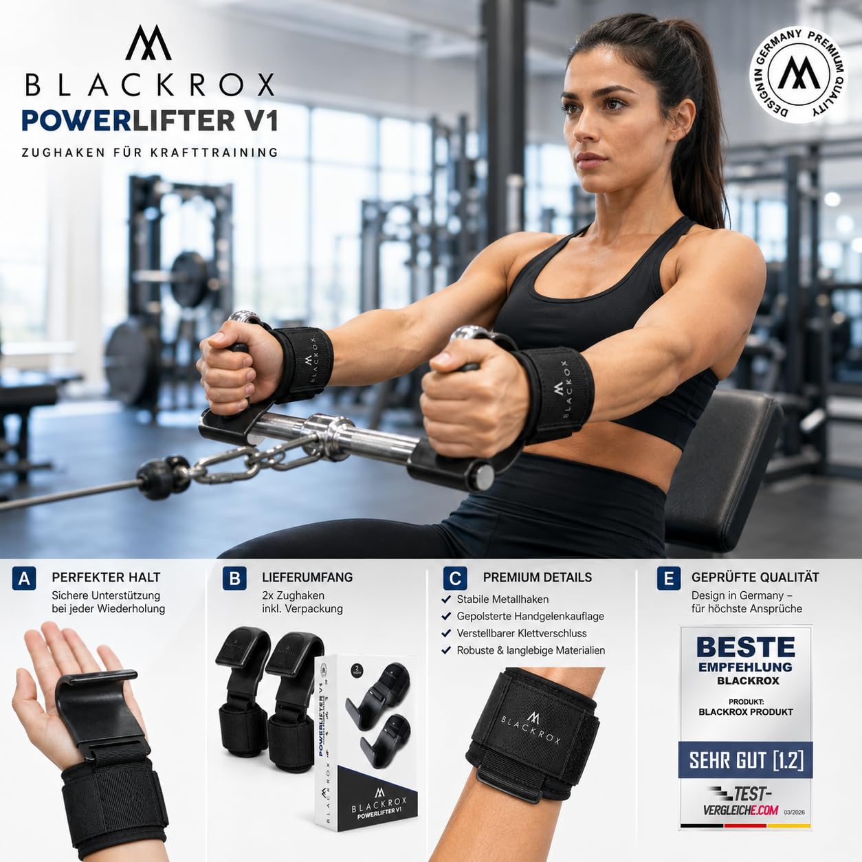 BLACKROX Zughaken Krafttraining Powerlifter V1 Vergleichssieger 2026 Zughilfen Fitness Bodybuilding 2 Stück Gym Metallhaken Gewichtheben handgelenkbandage gepolstertem Kraftsport schwere Gewichte