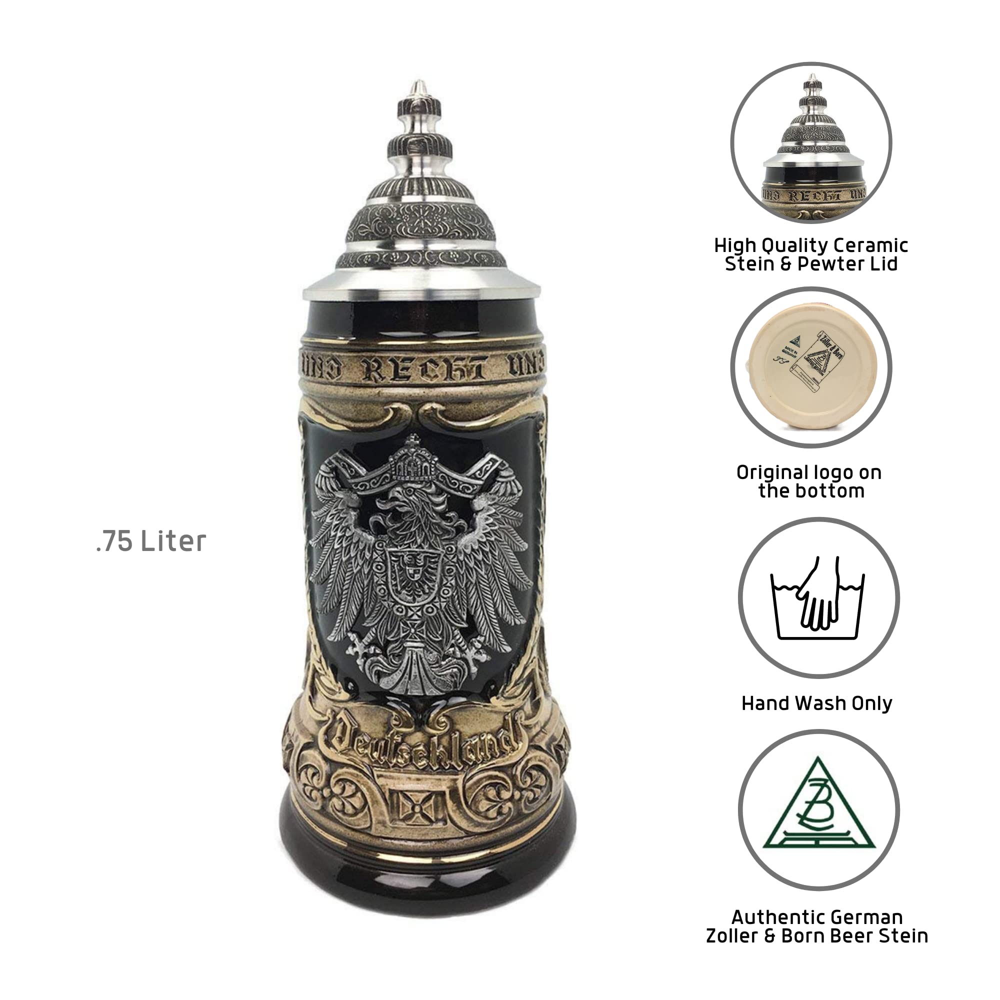 Deutschland Eagle Medallion Zoller & Born .75L Made in Germany Beer Stein with Lid Collectible Ceramic Mug