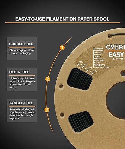 Miniatura 4 de OVERTURE Filamento de impresora 3D Easy PLA de 0.069 pulgadas, carrete de cartón PLA de 2.2 libras, precisión dimensional +- 0.001 in, se adapta a
