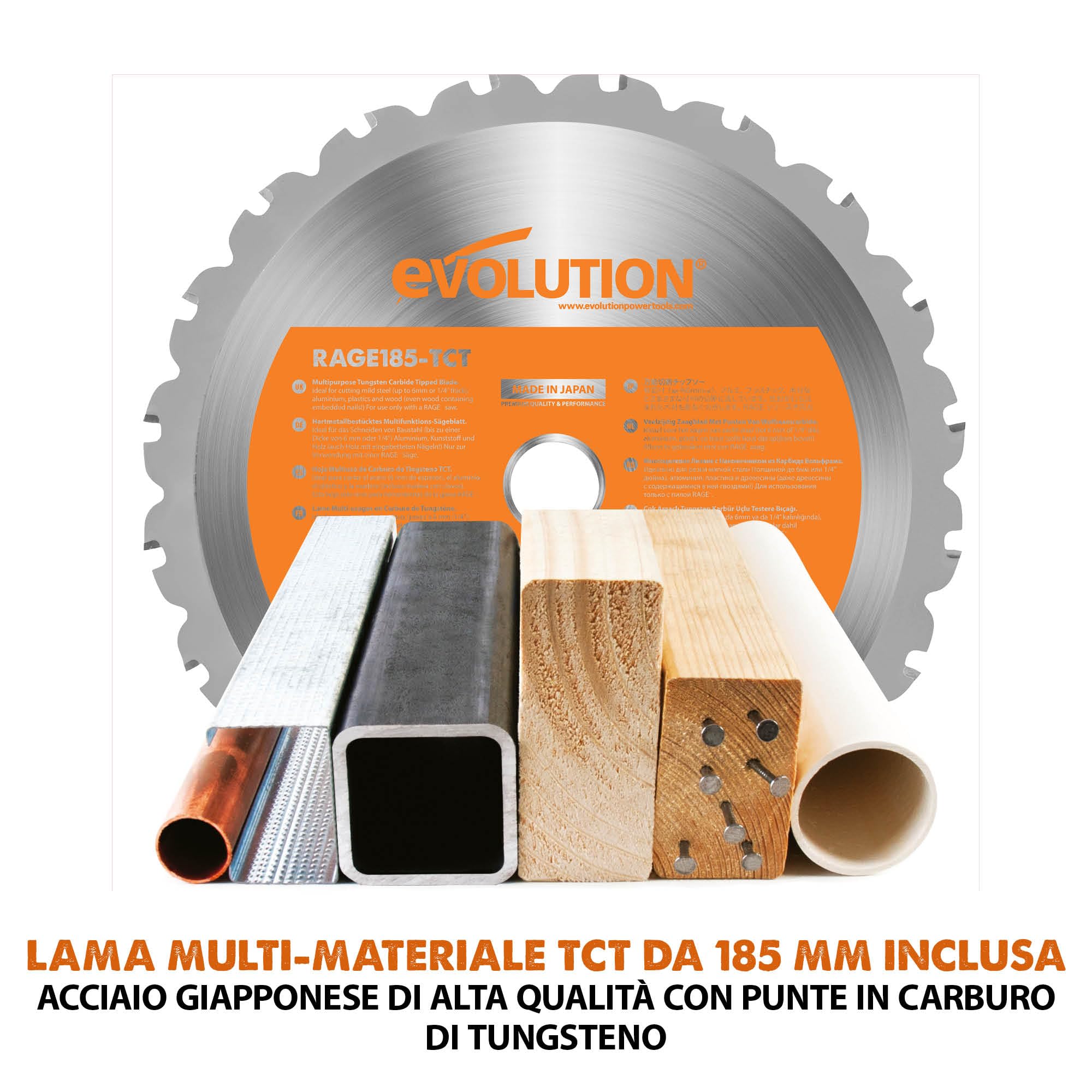 Evolution Power Tools Rage 4 Troncatrice a trazione - Multi-materiale per tagli su legno, metallo, plastica e molto altro, 185 mm, 230 V