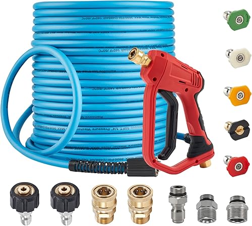 Pistola y manguera de lavado a presión, manguera flexible de 50 pies y 14 pulgadas, con conexión rápida M22 de 0.551 in a 38 pulgadas