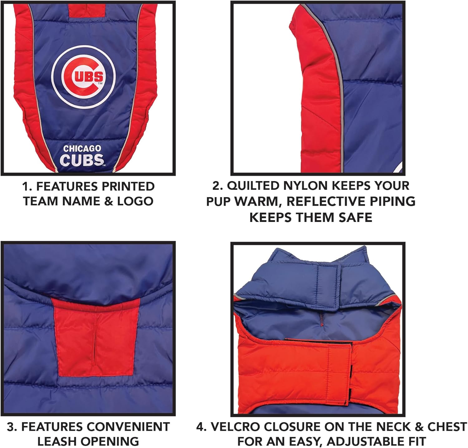 MLB Chicago Cubs Puffer Vest for Dogs & Cats, Size Large. Warm, Cozy, and Waterproof Dog Coat, for Small and Large Dogs/Cats. Best MLB Licensed PET Warming Sports Jacket