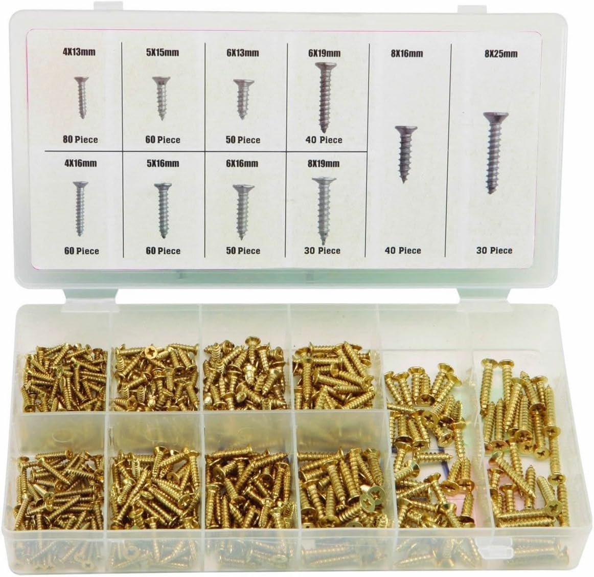 500 Pc Self Tapping Brass Plated Metric Wood Screw Assortment Kit
