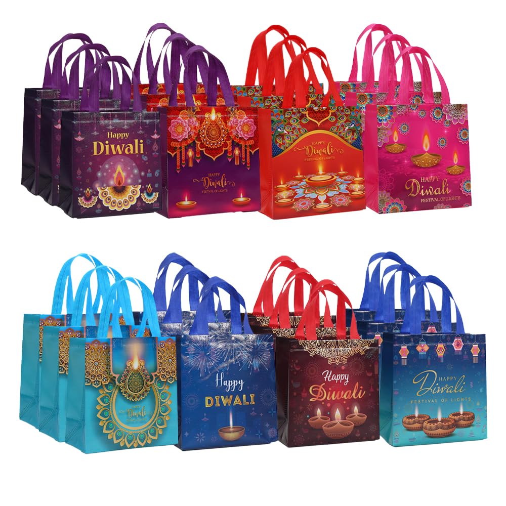 Colodeol 24 Pcs Diwali Gift Bags, Happy Diwali Tote Bags with Handles Non-woven Treat Bags Bulk for Indian Light Festival Party Decoration Favor