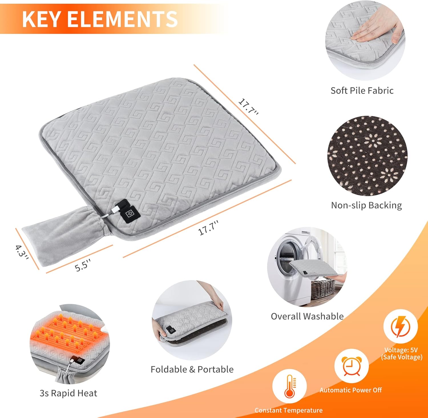 Heated Seat Cushion,Office Chair Cushions Butt Pillow for Long Sitting,Non-Slip Sciatica & Back Coccyx Cushion for Tailbone Pain Relief Heated Chair Pad,Seat Warmer for Home Seat Cushion-Grey