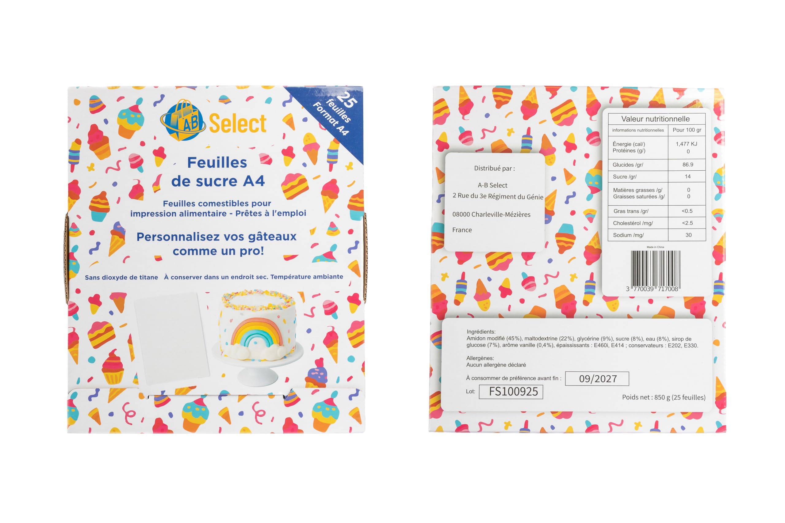 Feuilles de sucre A4 - Lot de 25 (sans E171/dioxyde de titane), papiers de sucre - idéals pour l'impression alimentaire avec encres comestibles, décoration gâteaux, A-B Select ®