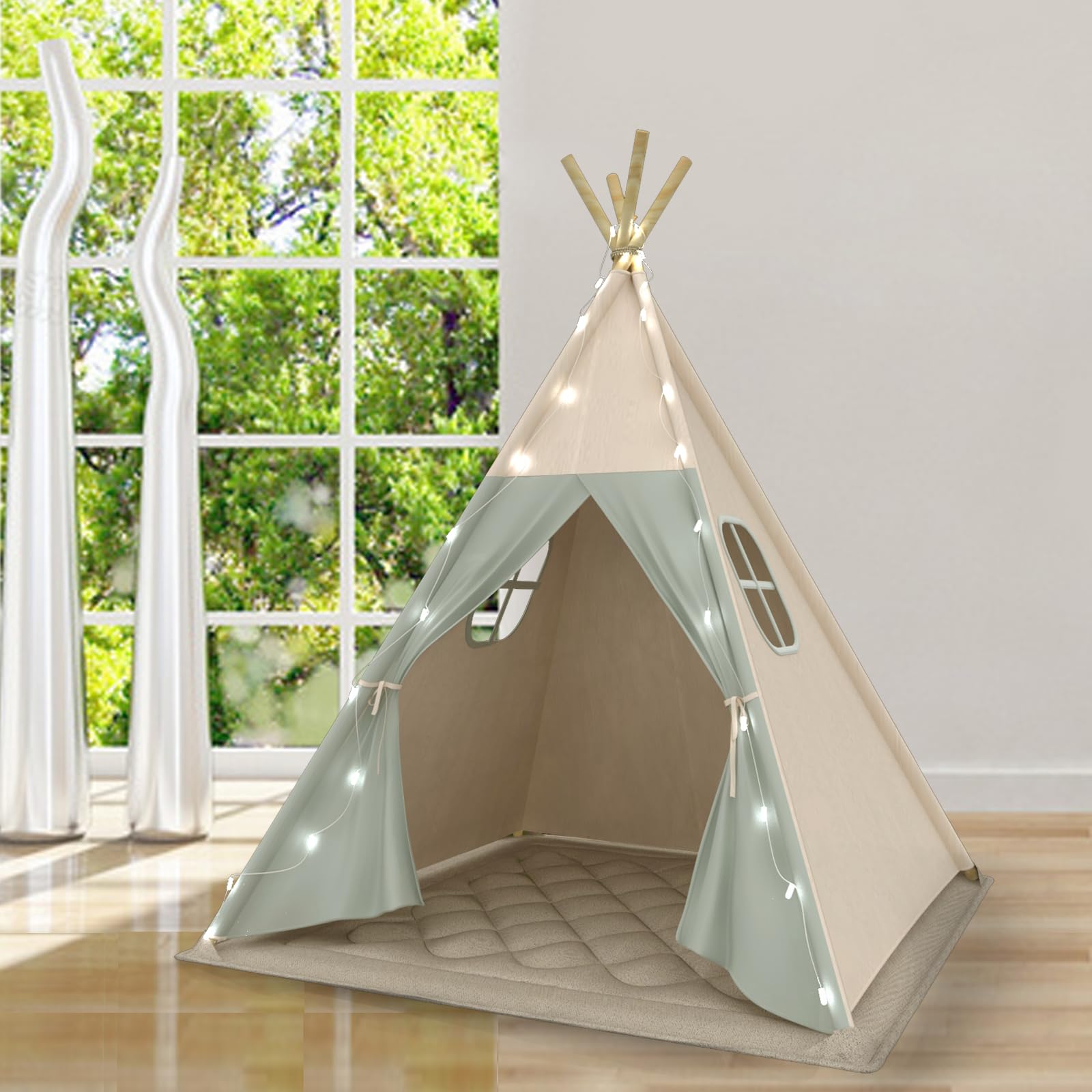 Tipi Zelt für Kinder, Waschbar Kinderzelt mit Gepolsterter Decke, Lichterkette, Tragetasche, Segeltuch Spielzelt für Mädchen & Jungen