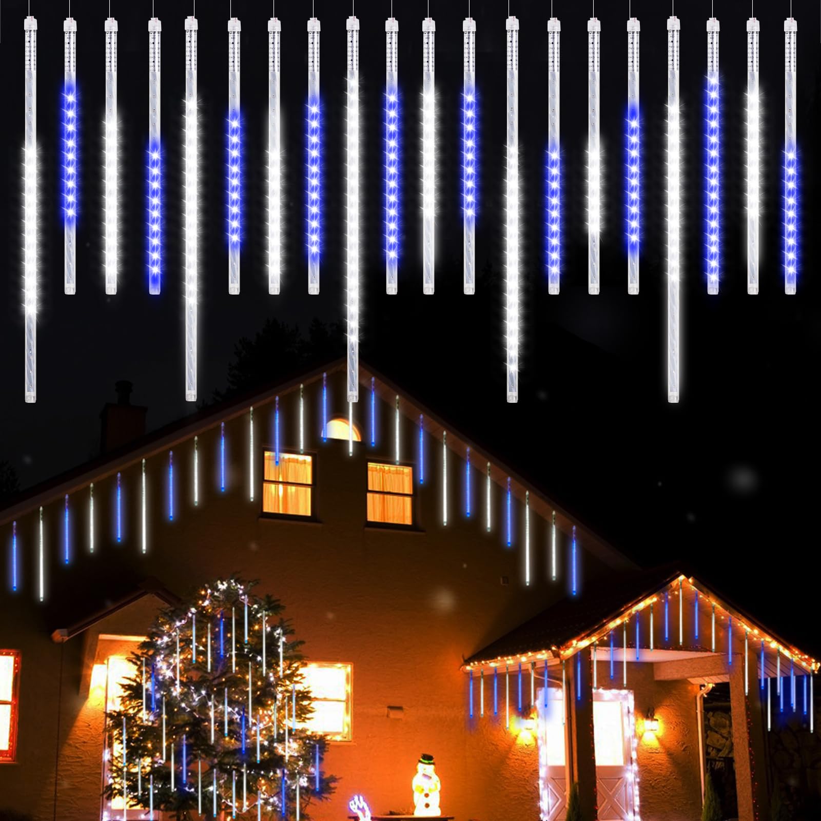 Luces de Navidad al aire libre, Luces de Lluvia de Meteoros 20 Tubos Espirales (50-30cm 720LEDs) Longitud 6.65m, Luces de Icicle Impermeables para Decoración Navideña al Aire Libre, Blanco-Azul