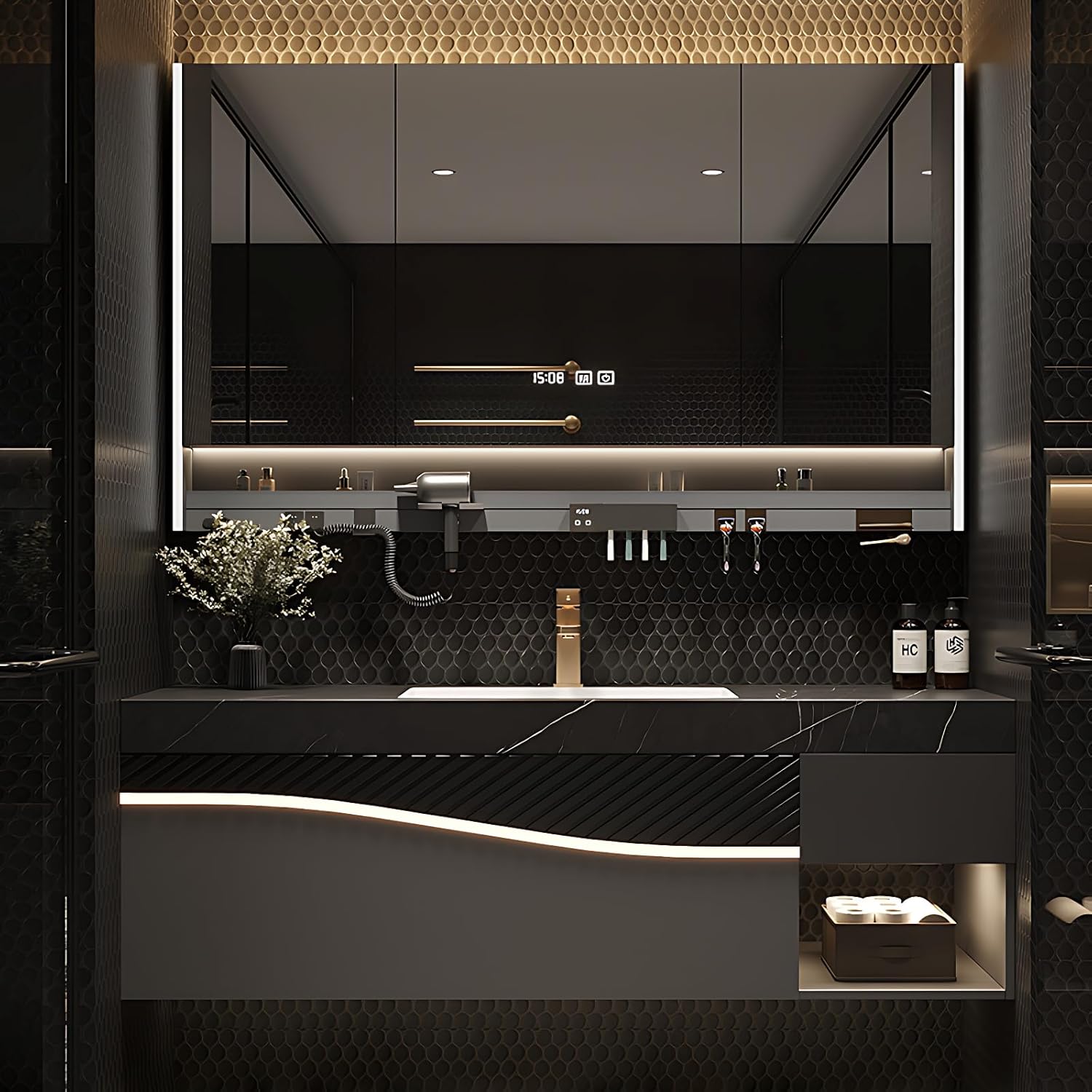 Modern Bathroom Vanity with Sink - Solid Wood Floating Bathroom Vanity Cabinet | Faucet Included & LED Smart Mirror | Soft-Close Drawers, Stylish Storage, Easy to Clean(Mirror Cabinet,44 in)