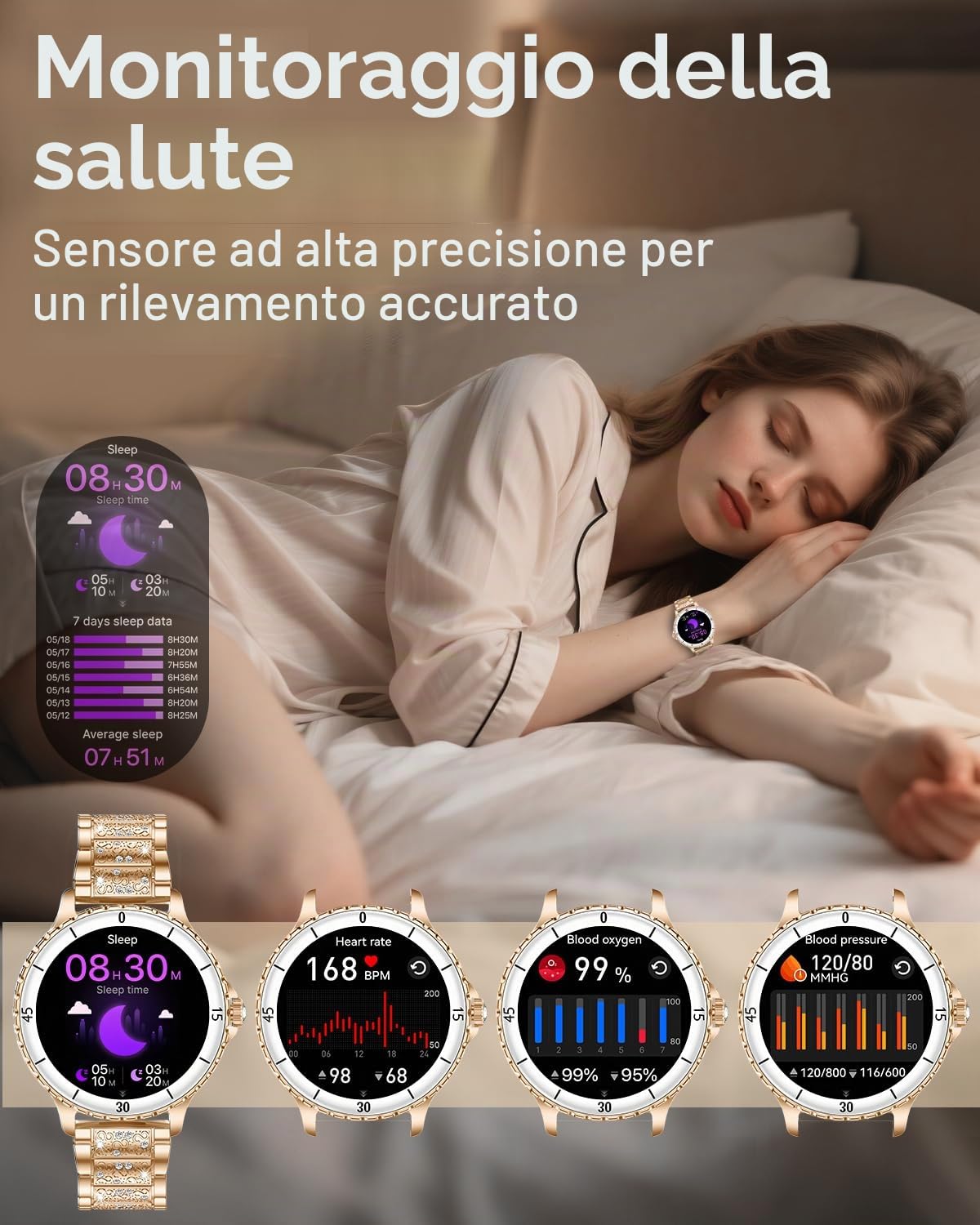 Smartwatch Donna Chiamate Bluetooth, 1.27" Orologio SmartWatch Rotondo con Cinturino di Diamante, Compatibile Android/iOS, IP68 Impermeabile Fitness Trackert con 120+ Sportive, Sonno, SpO2, Oro Rosa
