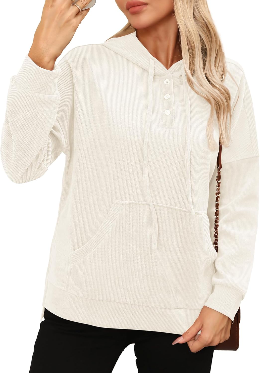 LILBETTER Womens Long Sleeve Pullover Hoodies Drawstring Sweatshirt Fall Knit Ribbed Tops with Pocket