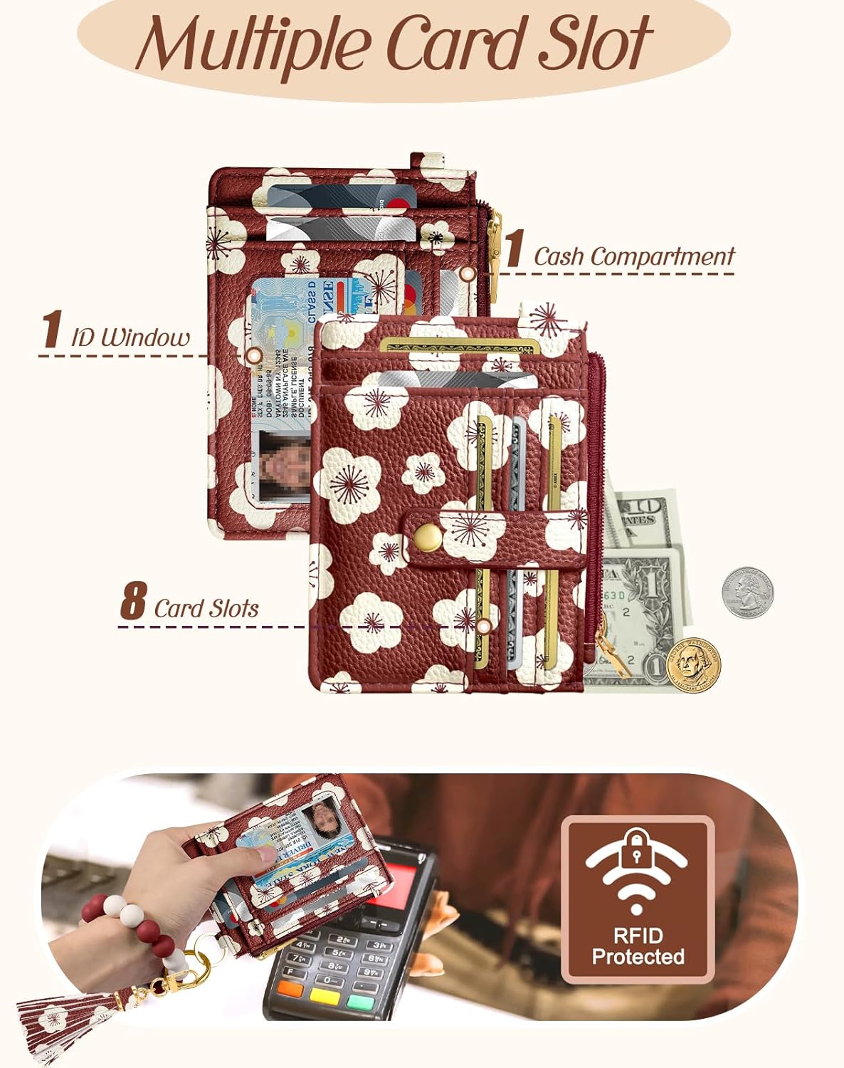 Bistup Wallet Keychain Wristlet for Women - Credit Card Holder Wallets Key Chain Ring Cute Design Slim Small RFID Coin Pocket Purse for Ladies Teen Girls Fashion Red Flower - Image 4