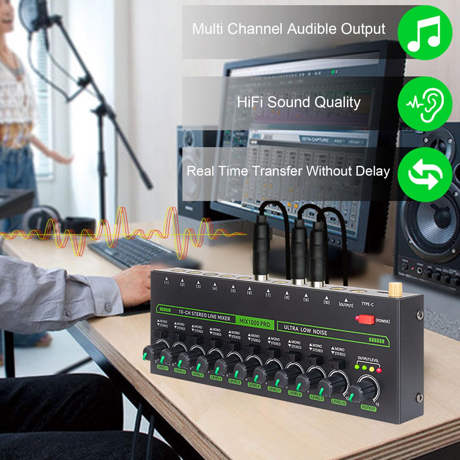 Fafeicy 10-Kanal Audio Mixer Stereo/Mono Line Mixer für Gitarre Bass Keyboard Studio Bühne Aufnahme DC 5V