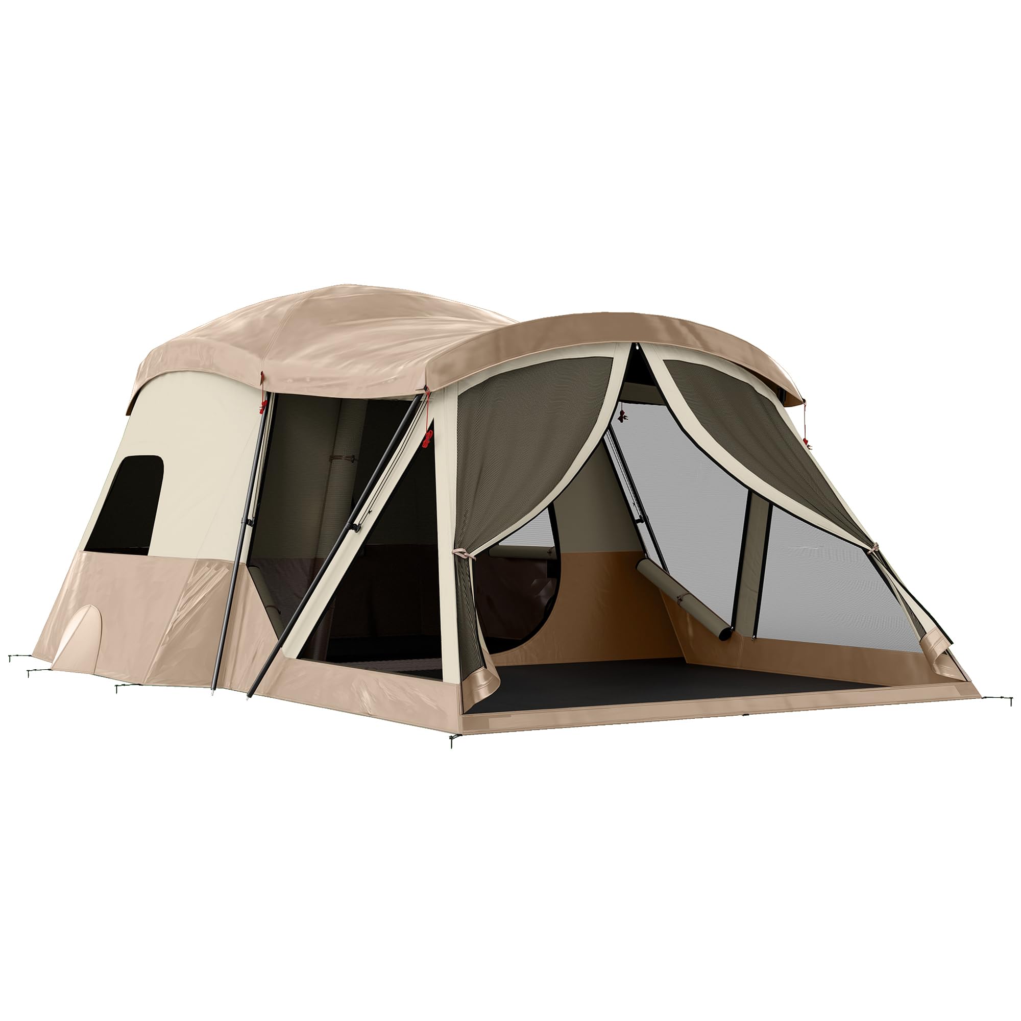 Outsunny Familien-Campingzelt für 4 Personen, mit 2 Räumen, wasserdichtes Tunnelzelt mit eingenähter Bodenplane, Türen, Fenstern, Oberlichtern und Tragetasche, Braun & Khaki