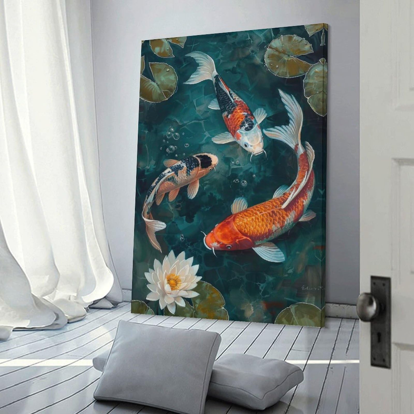 Junmoney Frame-Style-13-1 Decorative Wall Artwork Koi Fish Pond Painting, 20X30inch(50X75cm), For Lounge, Bedroom Or Personal Spaces, Thoughtful Wall Decor For Art Lovers
