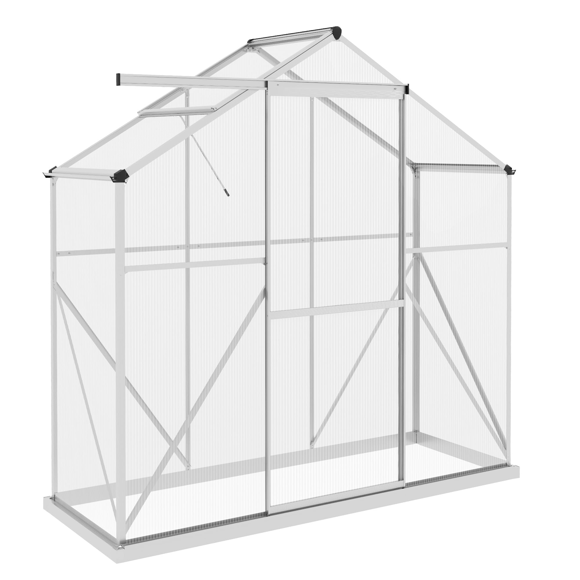 Outsunny 6 x 2.5ft Polycarbonate Greenhouse, Walk-In Green House with 5-Level Roof Vent, Rain Gutter, Sliding Door, Garden Plants Grow House with Aluminium Frame and Foundation, Silver