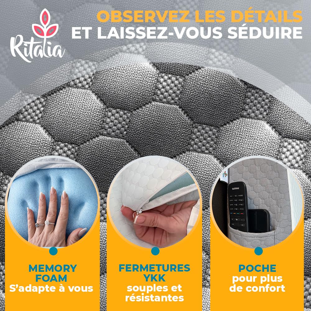 Ritalia Coussin Anti Reflux 65x60x20 cm avec Mousse Mémoire pour Lit Rehausseur Matelas Adulte Coussin de Lectur & Dossier de Lit Triangulaire