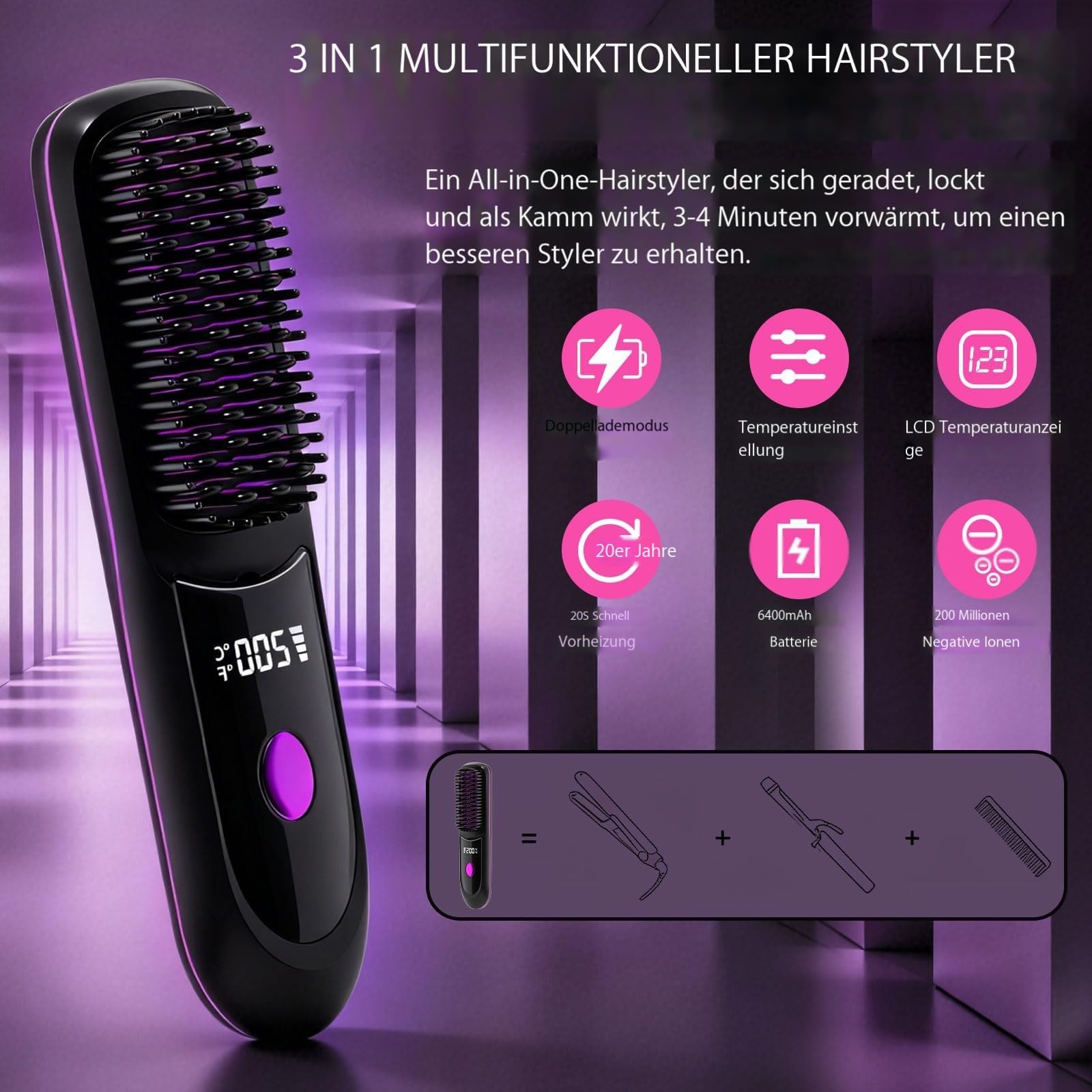Cefryna Stylingbürste, Stylingbürste Für Kurze Haare, 3 Temperaturstufen, Tragbar & Wiederaufladbar Styling Bürste Für Reisen Und Täglichen Gebrauch (D)