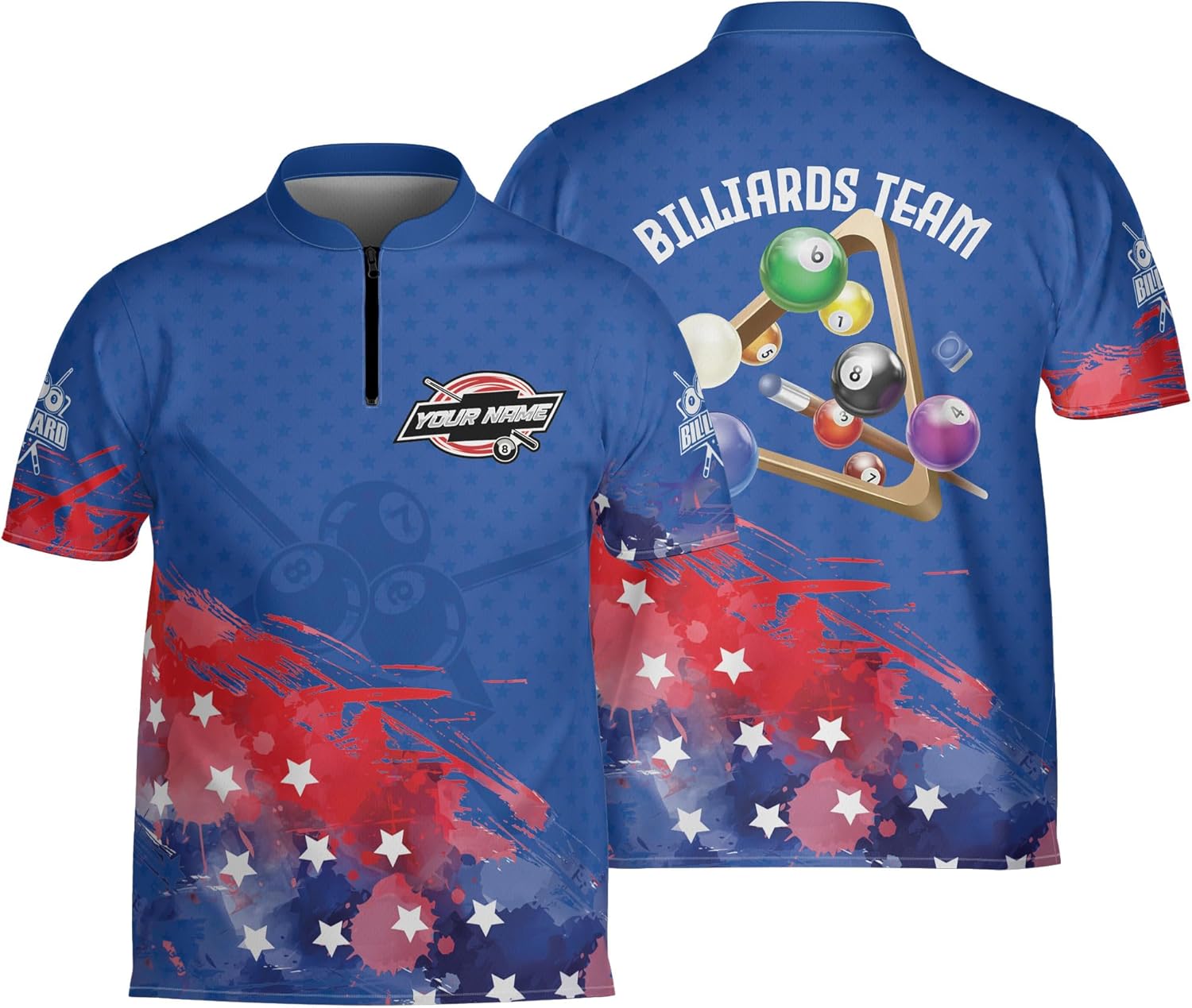 Generic Personalized American Flag Billiards Jersey Custom Jersey Quick Zip Sash Collar, Shirt for Team, Large