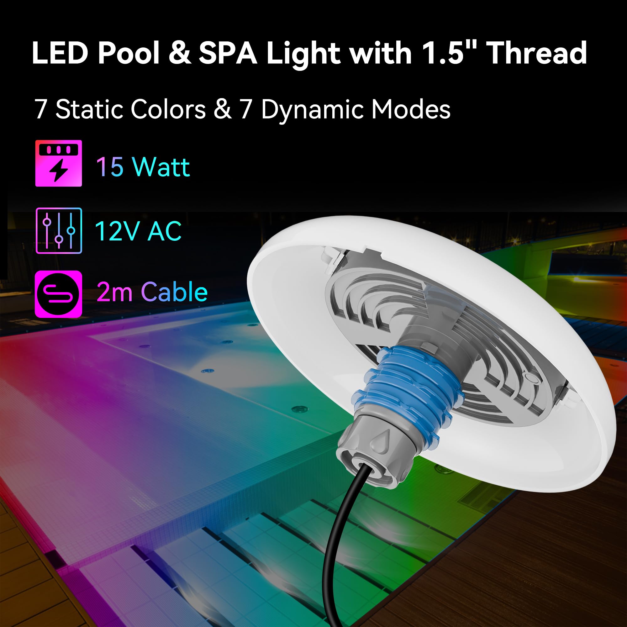 LyLmLe Foco LED Piscina con Rosca 1 1/2", 15W Proyector LED Piscina RGB Multicolor con Remoto y Controlador, Ø 190mm, 12V AC Lámpara Sumergible para Piscinas, Set 2