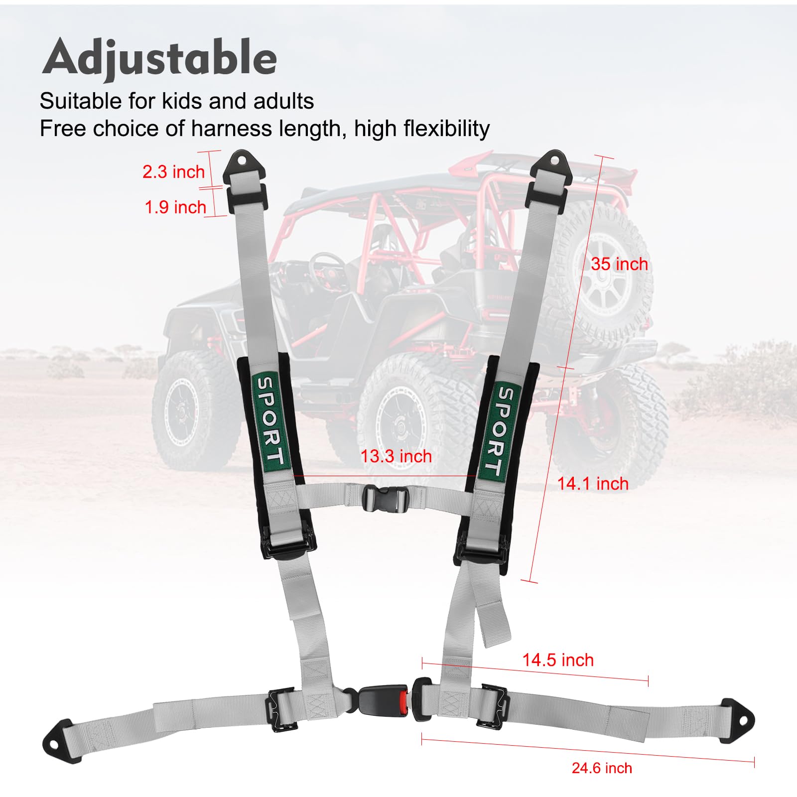 Harnais de course à 4 points avec rembourrage boucle robuste de 5,1 cm, harnais universel réglable à 4 points pour adultes, facile à installer, argenté