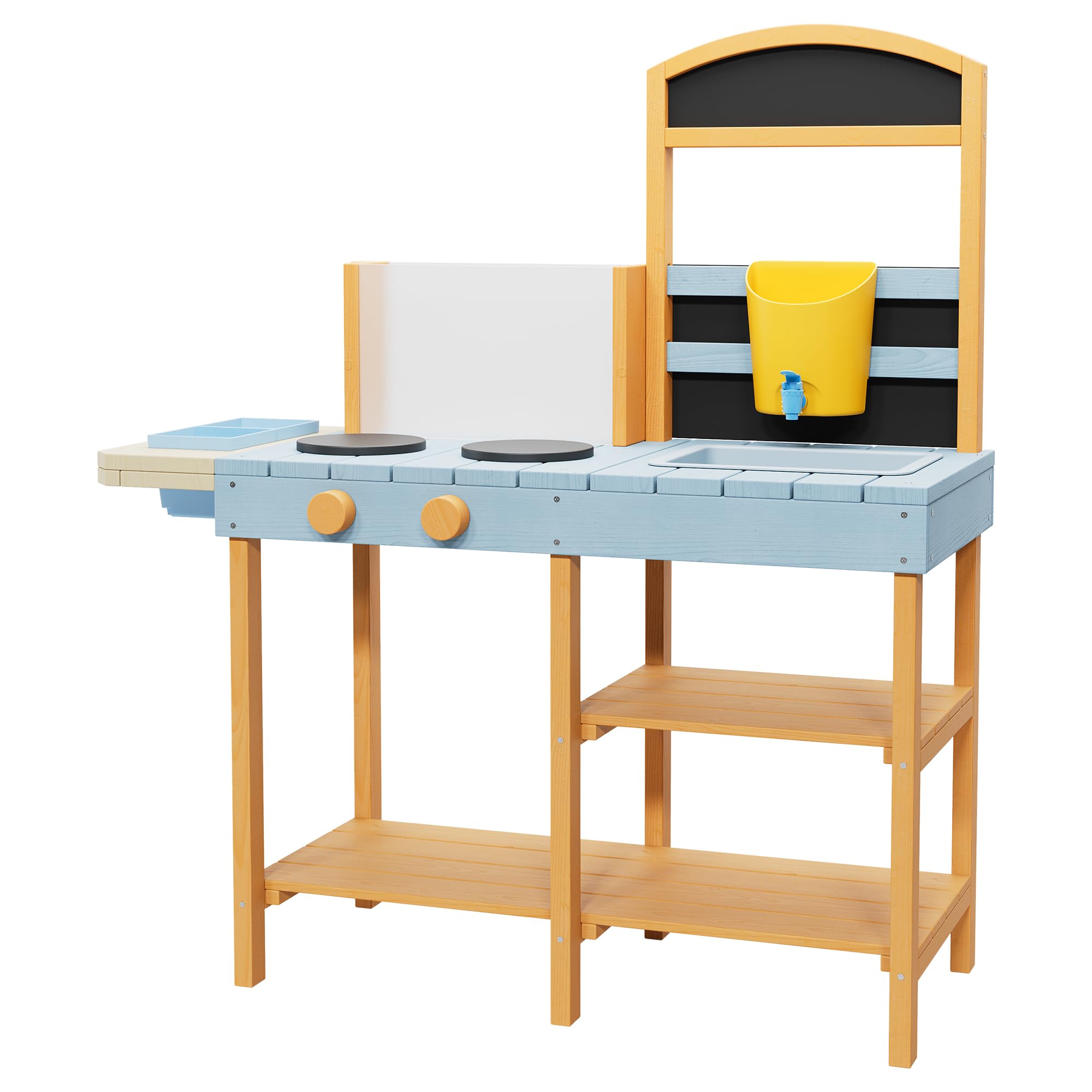 2-in-1 Outdoor Holz-Matschküche für Kinder ab 3 Jahren – Spielküche mit Kreidetafel, abnehmbarem Waschbecken, Wasserhahn, Pflanzkasten, Aufbewahrungsregalen und Herd – Sensorik-Spielset für