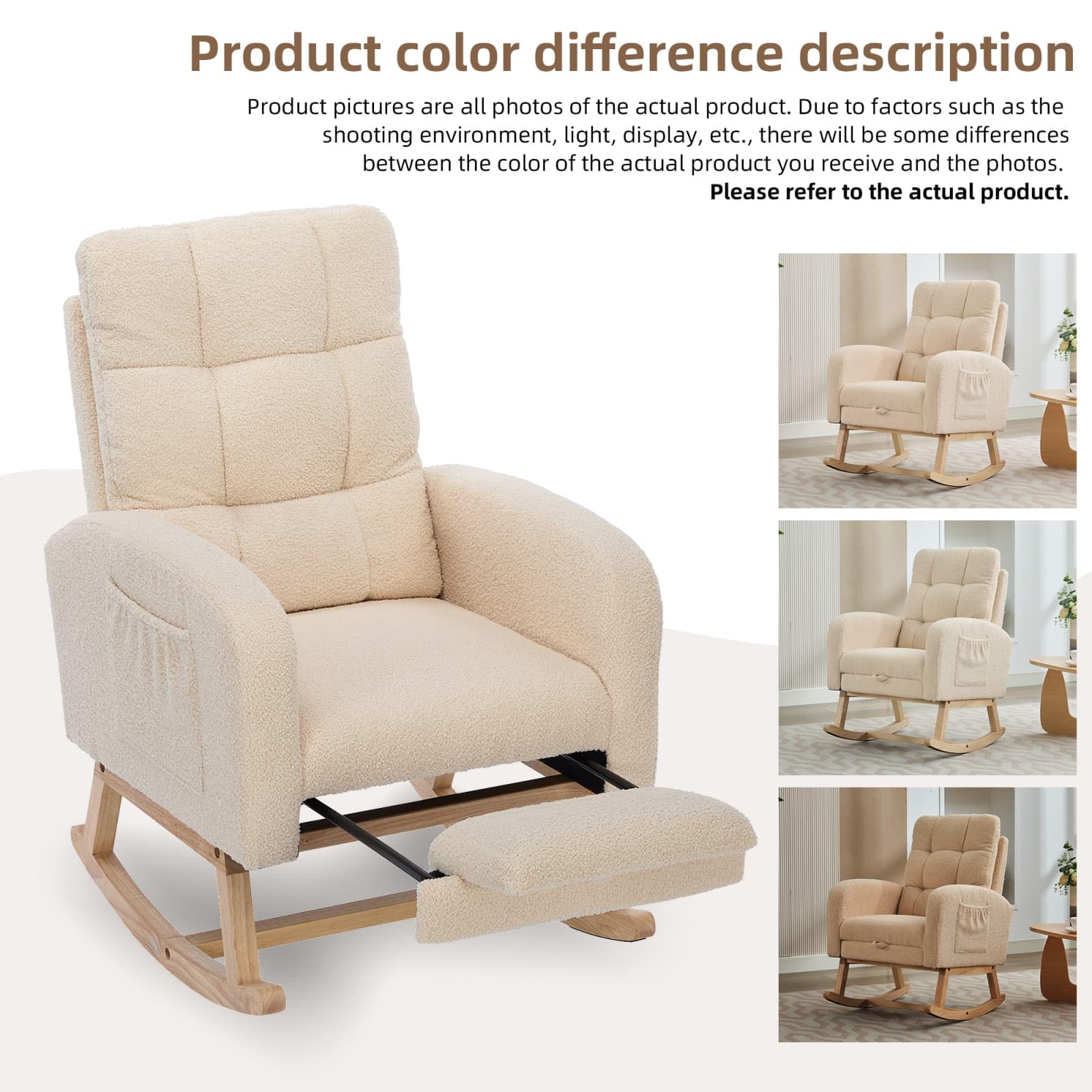 KOMHTOM Fauteuil à Bascule avec Repose-Pieds Escamotable, Rocking Chair en Velours Teddy, Structure en Bois, Poche de Rangement Latérale, pour Salon et Chambre à Coucher