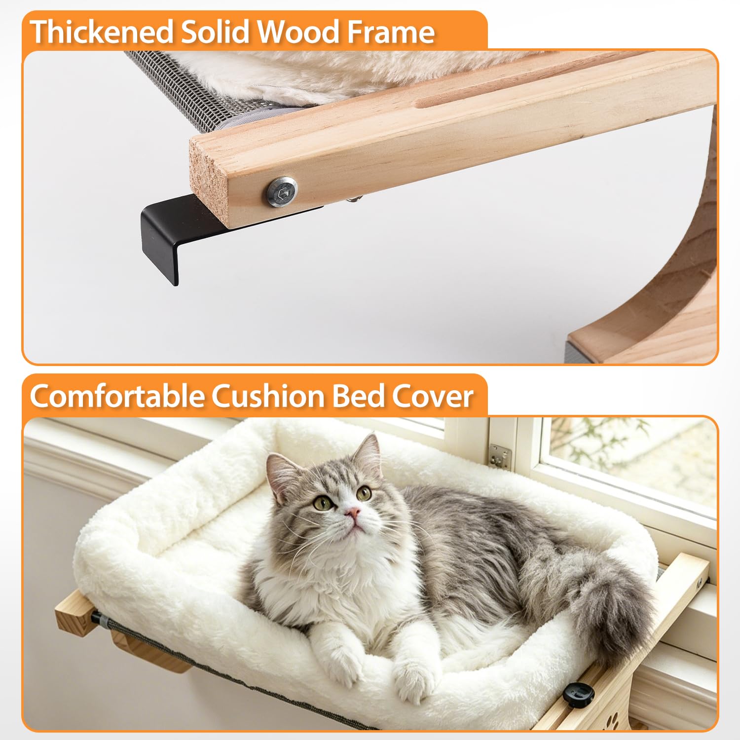 AMOSIJOY Percha para Ventana de Gato, Hamaca Resistente con Funda de Cama, Marco de Madera y Metal para Gatos Grandes, fácil de Ajustar para alféizar de Ventana, mesita de Noche, cajón y Armario