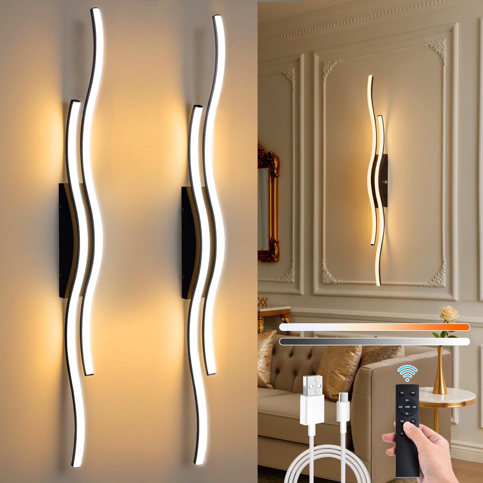 SERBASIC Battery Operated Wall Lights Wave Line,Black Rechargeable Wireless Wall Lights with Remote Control,Stepless Colors 3000K-6000K & Dimming,Morden Wall Sconces for Living Room