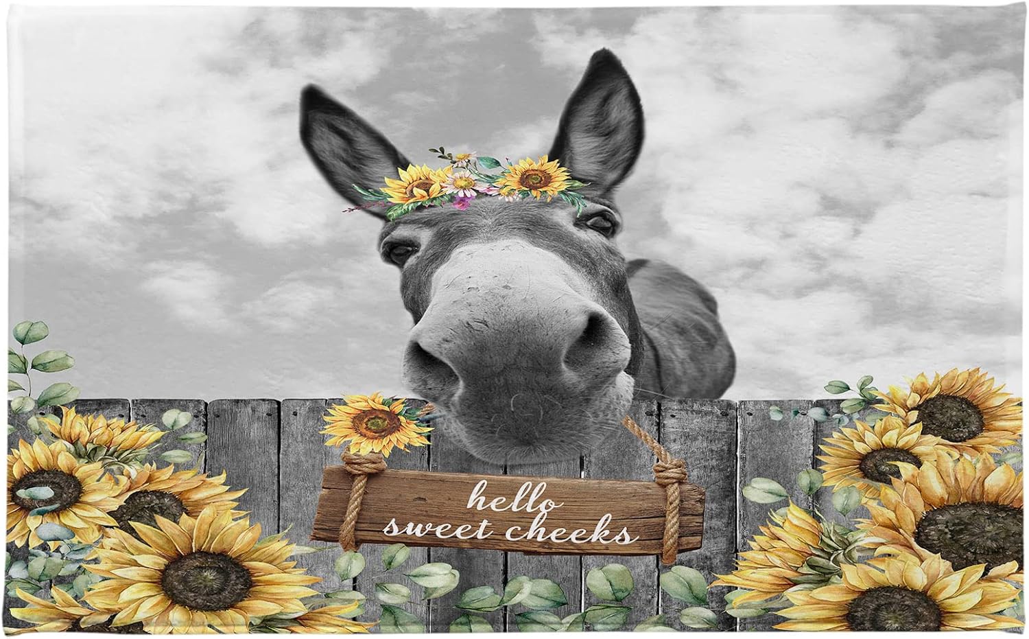 HVEST Farmhouse Donkey Bathroom Rugs Funny Western Animal with Yellow Floral Sunflower Bath Mats for Bathroom Country Vintage Fence Non Slip Floor Mat Bath Decor Accessories, 20L X 31W inches