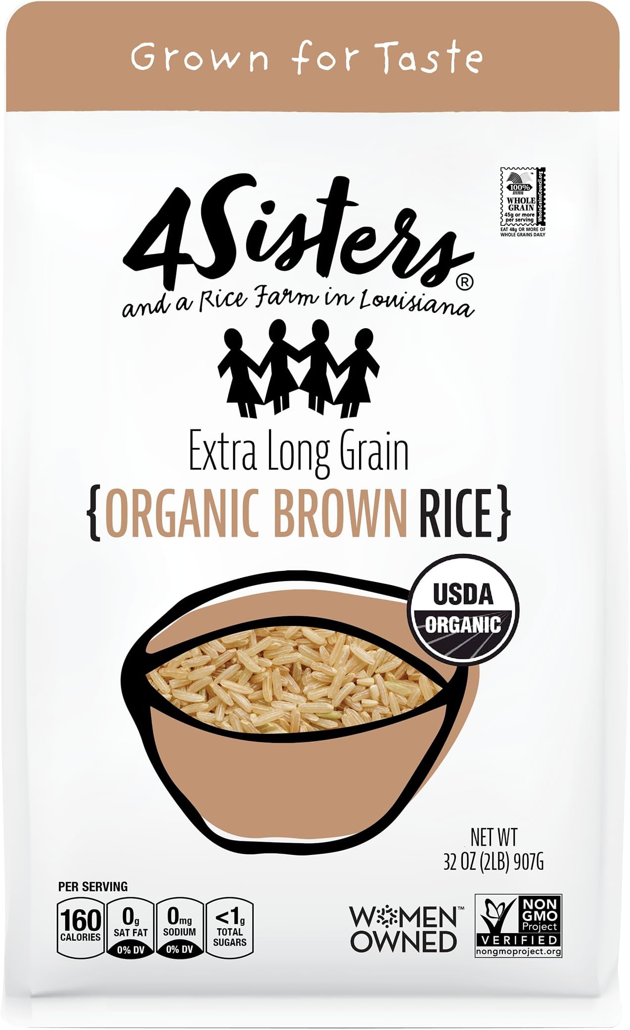 4Sisters - Organic Long Grain Brown Rice - Grown in USA - Sustainably Grown - Women Owned - Farm to Table - 2lb