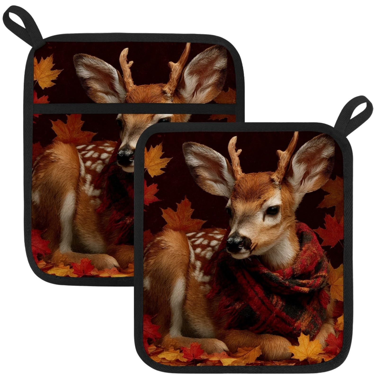 VAPOKF Maple Deer Pot Holders with Pocket for Kitchen Heat Resistant Potholders Large Polyester-Cotton Square Oven Mitts Set