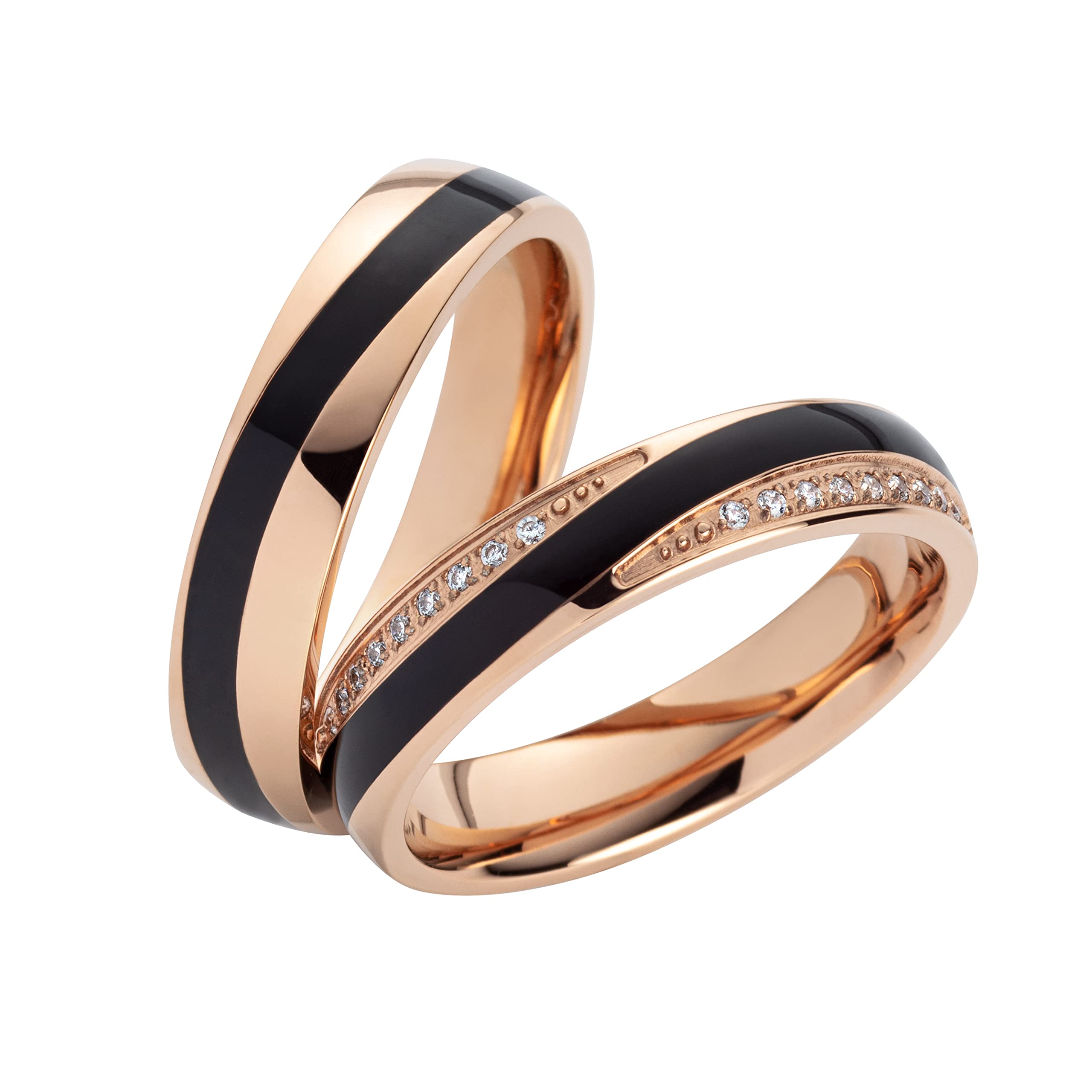 Paar Partnerringe & Eheringe aus Edelstahl – 5 mm Ringpaar mit schwarzer Emaille & Rosé-beschichtung, Zirkonia Ring freundschaftsringe - Trauring mit Gravur im Etui | 8018
