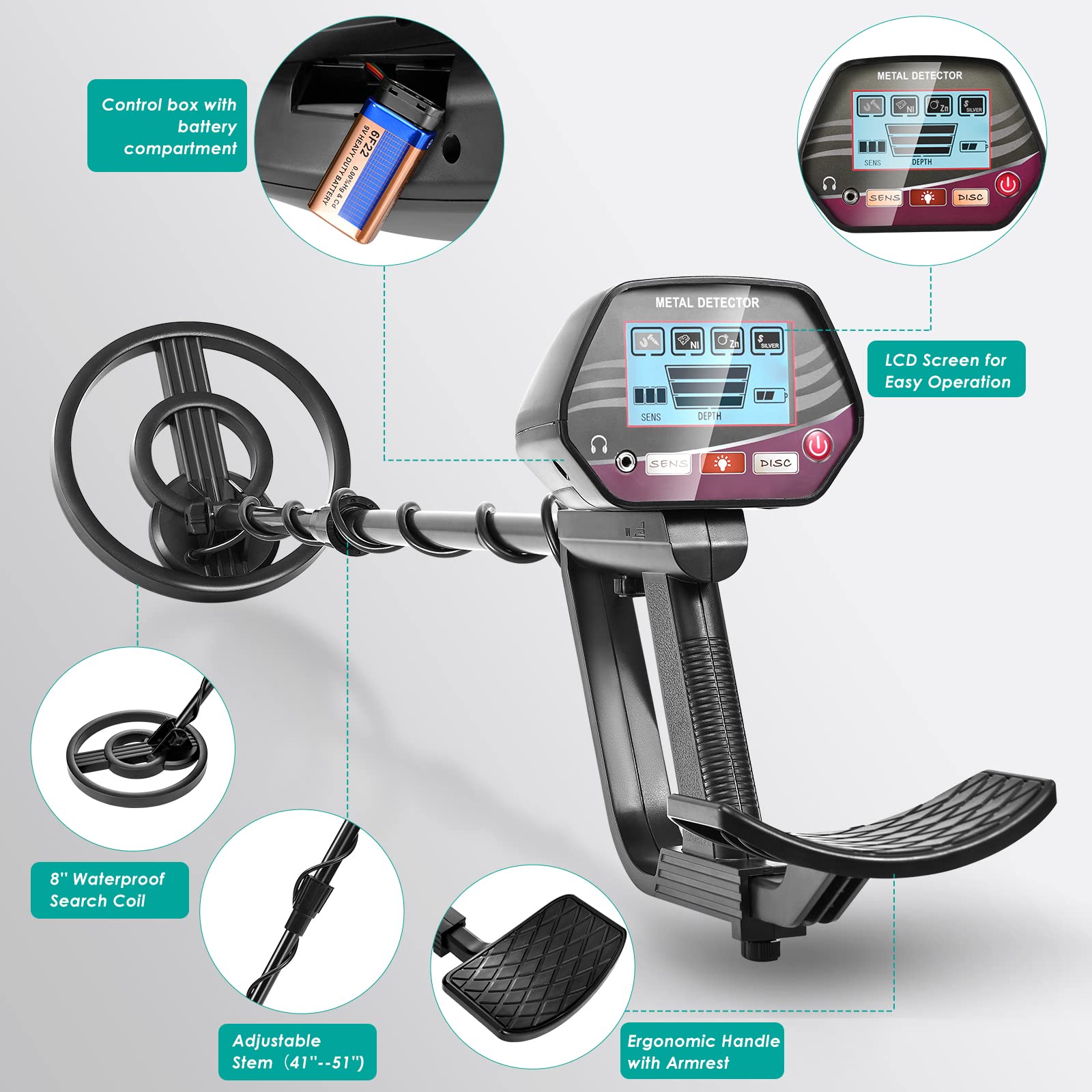Detector de Metales con 2 Baterías, Ajustable Longitud de 84-110 cm, Detector de Metales Impermeable de Alta precisión con Pantalla LCD para niños y Adultos