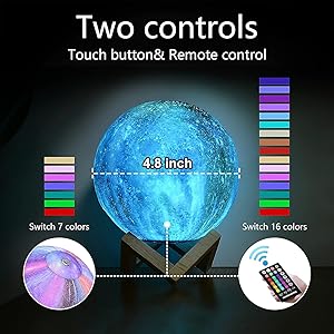 Moon Lamp, Kids Night Light Galaxy Lamp - 16 Colors Moon Light with Wood Stand Remote & Touch Control USB Rechargeable Gift for Girls&Boys Lover Birthday - 4.8 inch