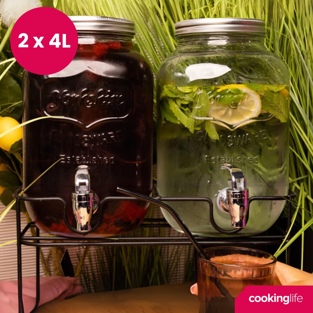 Cookinglife Distributeur de Boissons Double, Verre et Acier, Noir, 2 x 4 litres, avec Support