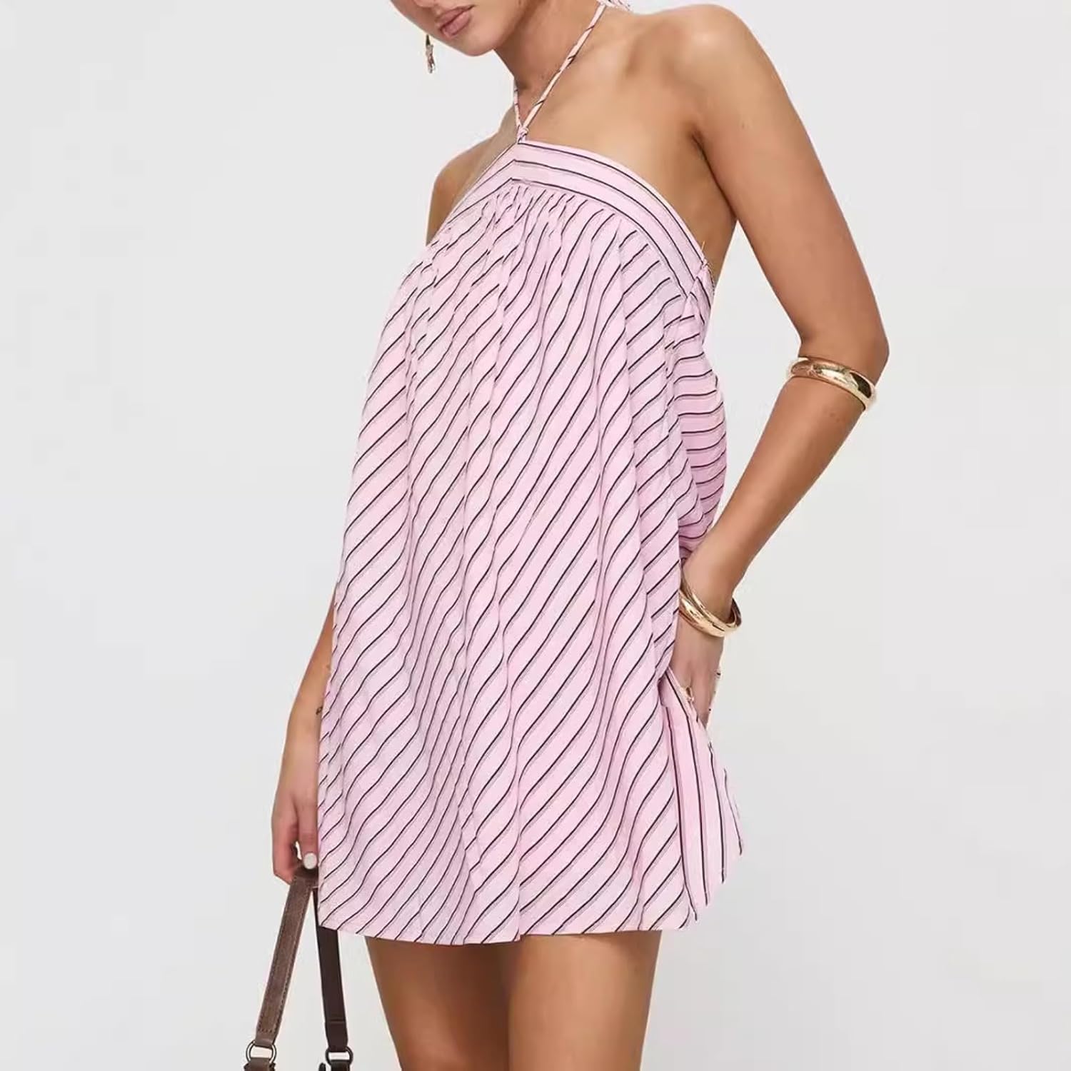 Women's Striped Halter Mini Dress for Summer Sexy Backless Sleeveless Dresses Cute Beach Vacation Outfits