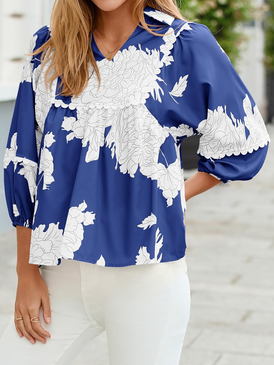 Tankaneo Womens Floral Peplum Babydoll Tops 3/4 Puff Sleeve Pleated Blouse Cute Casual V Neck Loose Fit Flowy Boho Shirts - Image 4