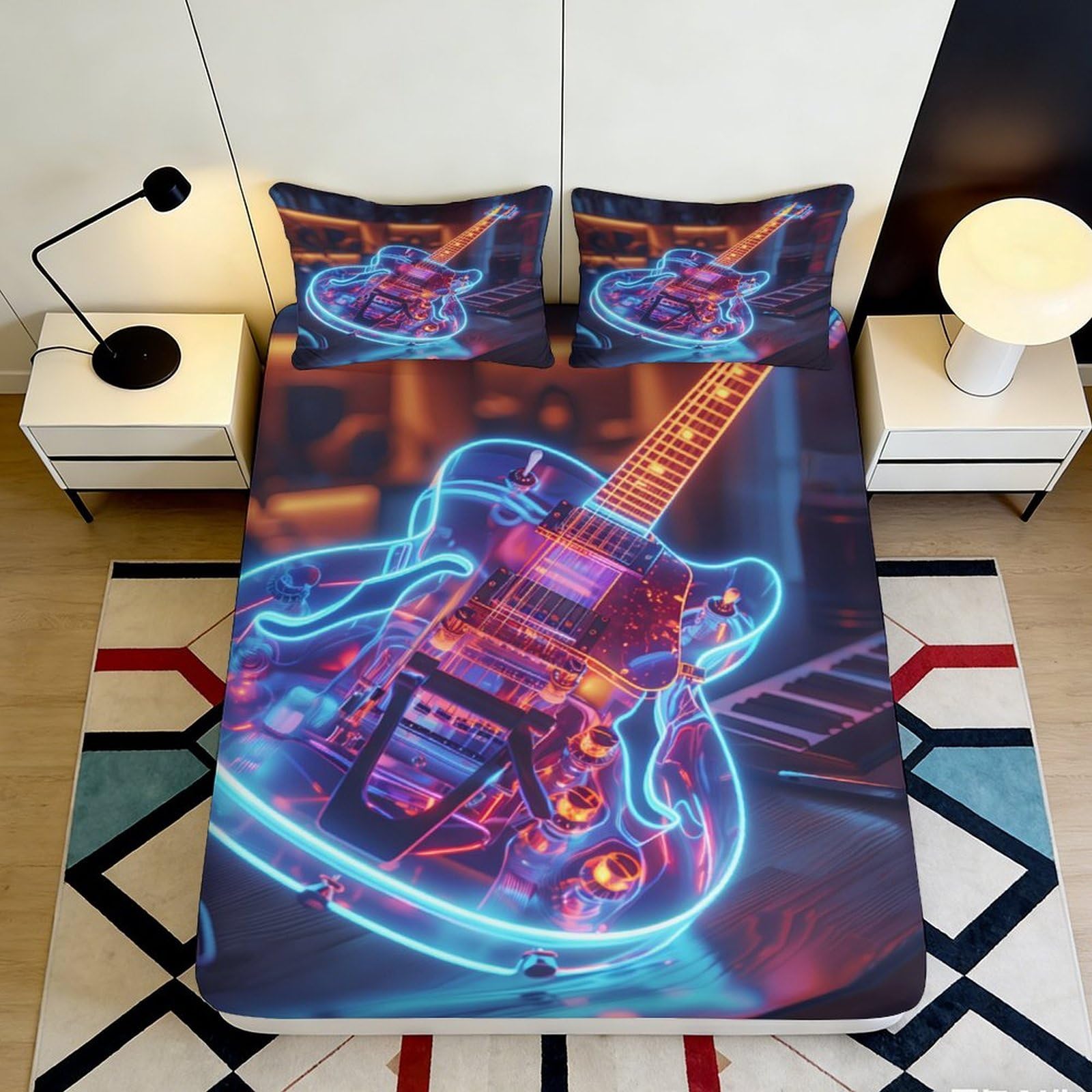 3D Printed Electric Guitar Fitted Sheet Microfiber Soft Breathable Neon Guitar Bed Cover for Bedroom Dormitory Guest Room Mattress Protection 200x200x25cm