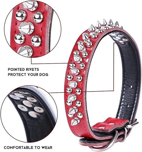 Miniatura 6 de Collar de perro con tachuelas, collar de perro de cuero genuino, collares ajustables para mascotas pequeñas o medianas (S, rosa intenso-1)