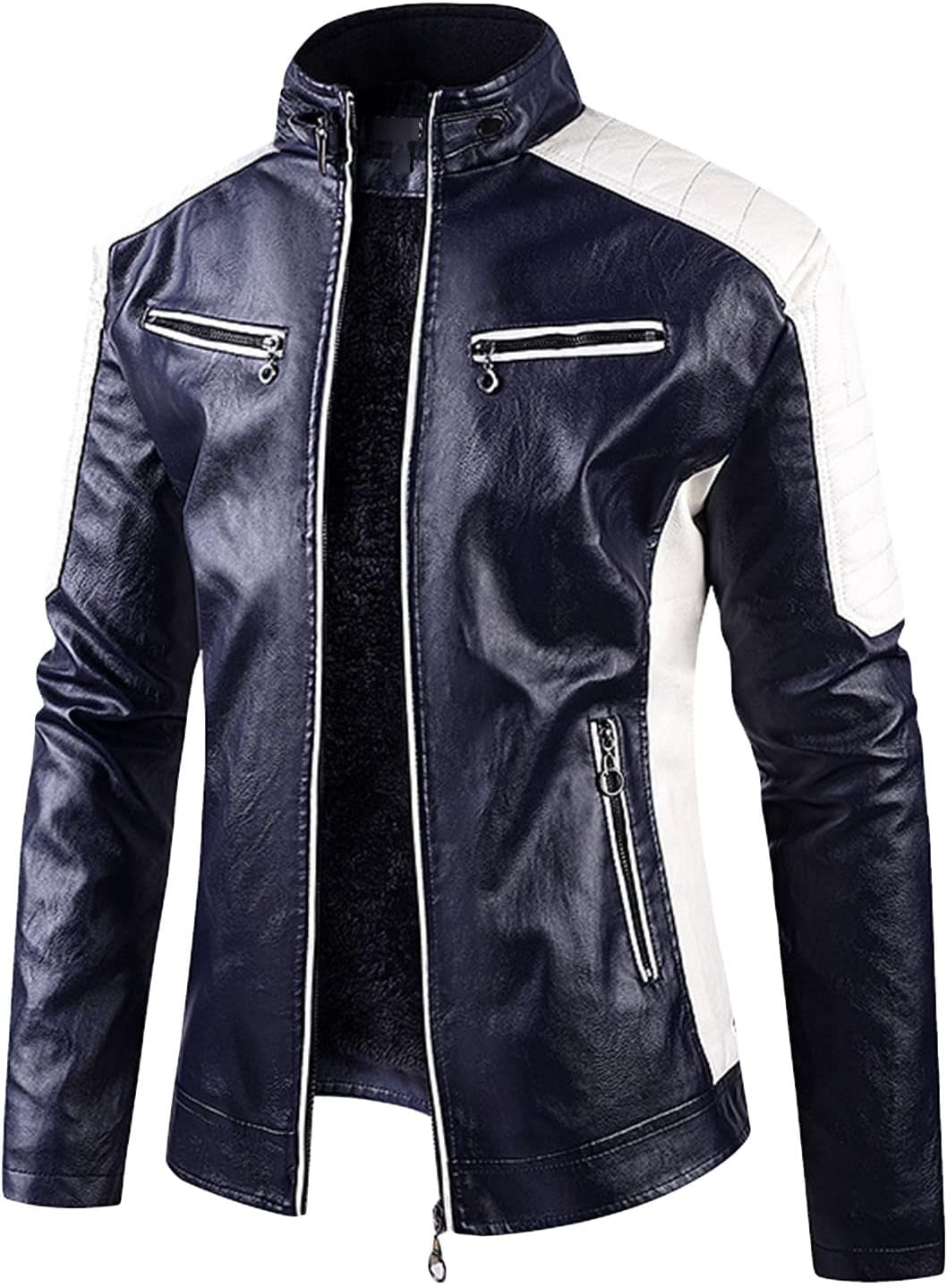 JEsilunmaMY Men's Slimming Leather Jackets Stand Collar Zip Up Casual Bomber Jacket Fleece Lined Warm Motorcycle Biker Coat