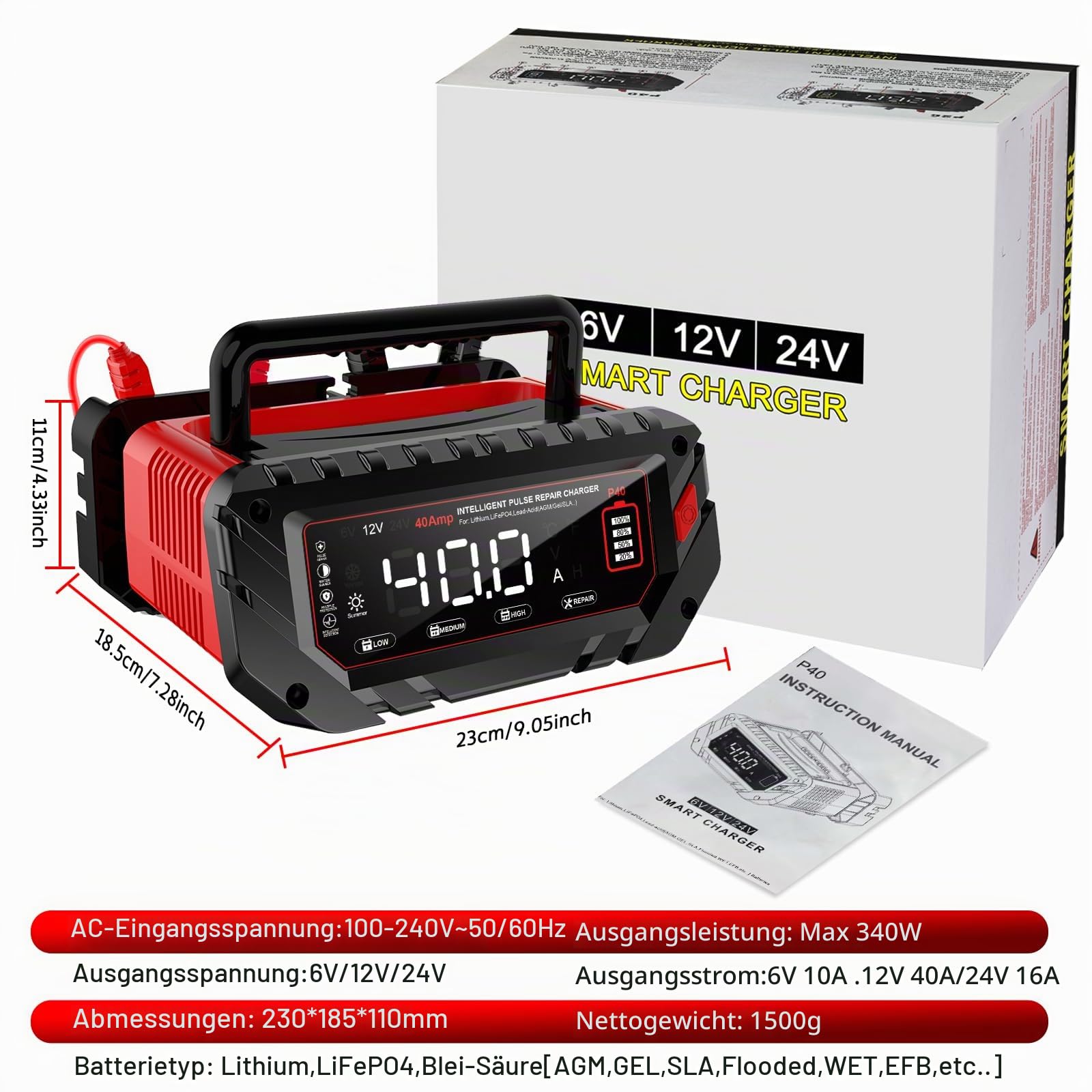 Haisito Autobatterie Ladegerät 40A, LCD-Display, 6V/12V/24V Batterieladegerät ist geeignet für Autos, landwirtschaftliche Fahrzeuge, Boote, Lithium LiFePO4 und Blei-Säure (AGM, MF, EFB usw.)