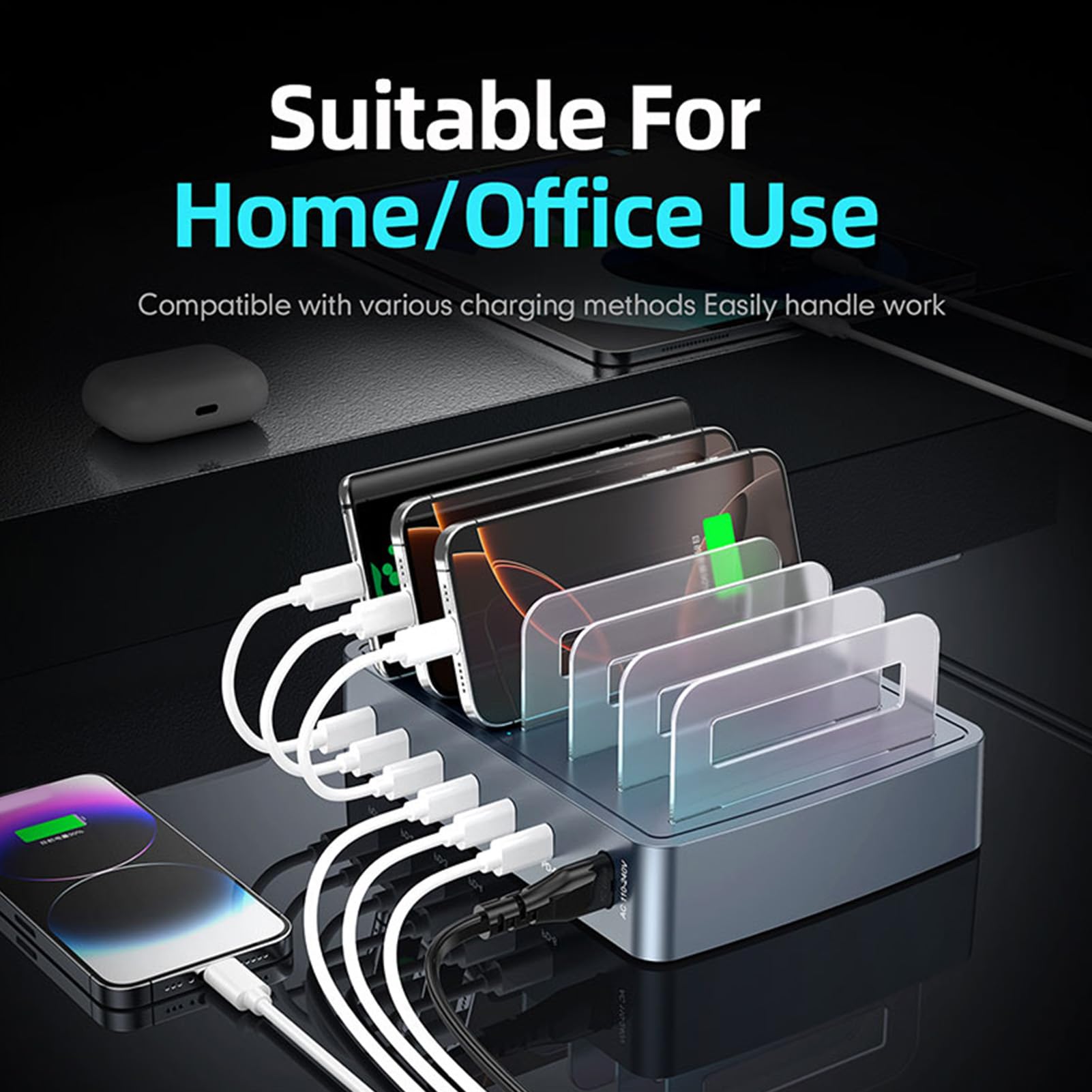 Jectse 120W Szybkie ładowanie 6 Port USB C Blok ładowarki, Multi Device USB Stacja ładująca, ładowarka Komputerowa na Karty, RGB Oddychanie, dla Telefonów Komórkowych i tabletów. (wtyczka UE)