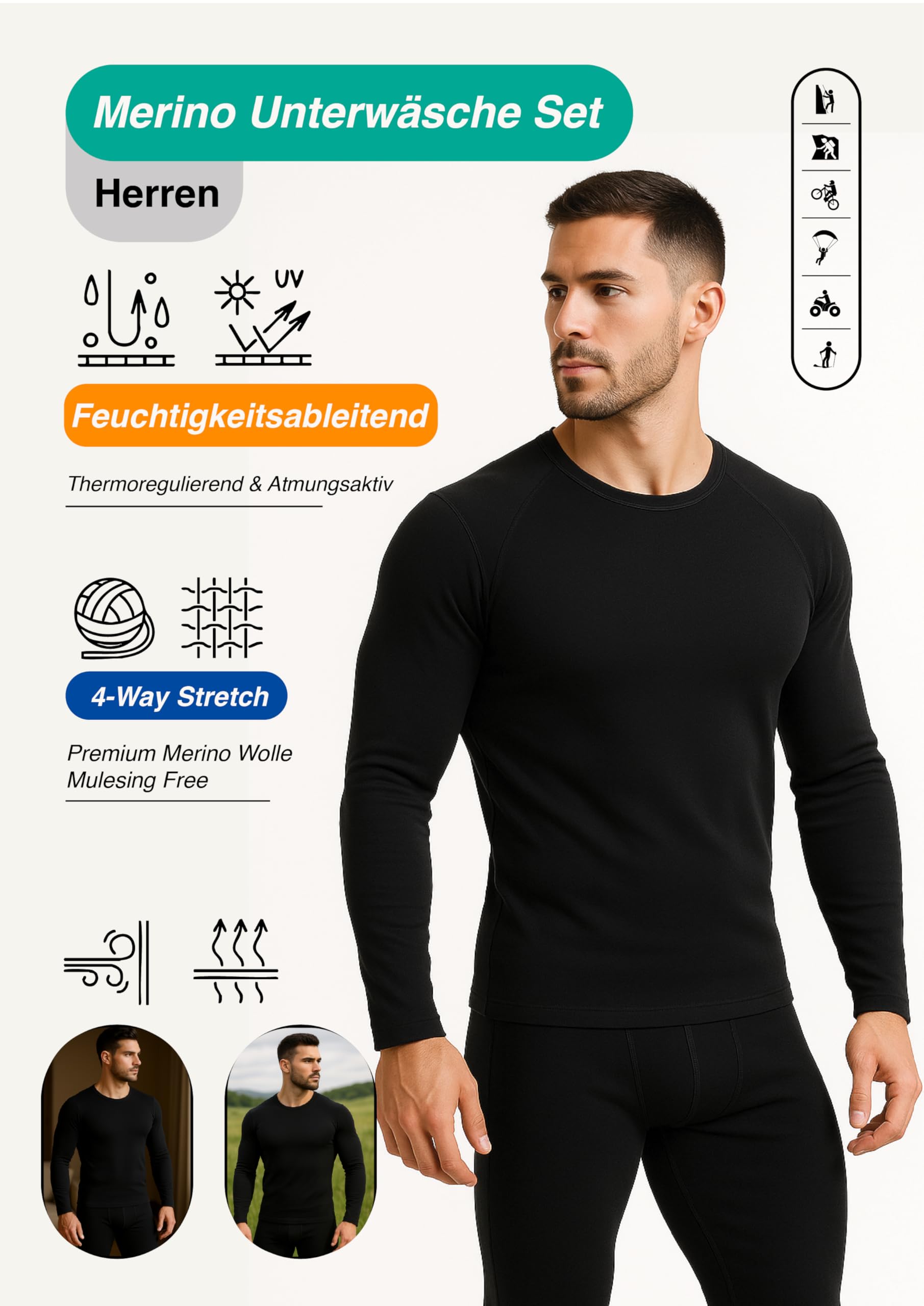 LEON+ Merino Unterwäsche Set Herren – Langarm Shirt & Lange Hose – Natürlich Geruchsneutral, Warm, Leicht & Atmungsaktiv – Ideal für Ski, Trekking, Outdoor & als Winter Baselayer