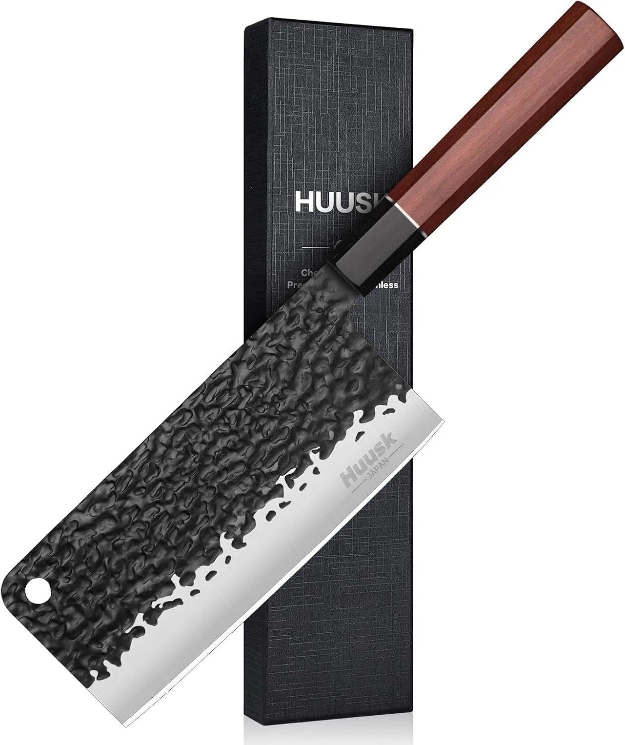Huusk Japanese Meat Cleaver Knife - 6.7" Hand Forged Knives, 3 Layers 9CR18MOV High Carbon Kitchen Knife, Professional Sharp Cooking Knives with Ergonomic Handle Christmas Gift for Men and Women