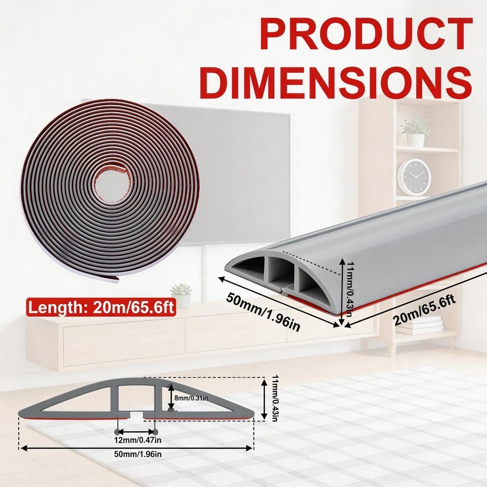 Canalina autoadesiva per cavi, 20 m, larghezza 5 cm, in PVC, facile da tagliare, protegge da inciampare, per parete, pavimento, scrivania