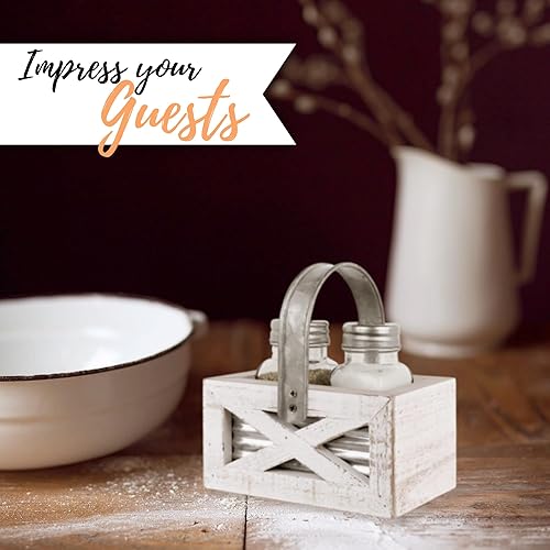 Miniatura 6 de Autumn Alley Juego de salero y pimentero de puerta de granero en organizador blanco y galvanizado, salero y pimentero Shabby Chic para cocina de